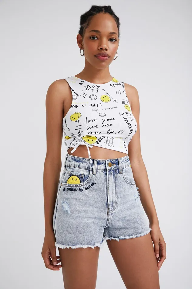 Desigual Smiley Denim Shorts Women Skirts and Shorts