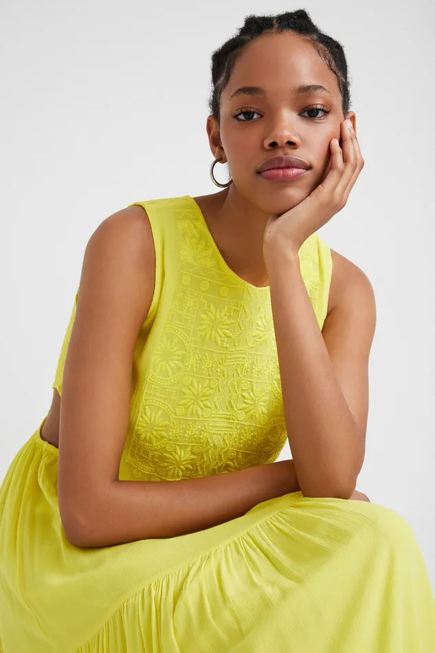 Desigual Yellow Cutout Dress Women Dresses