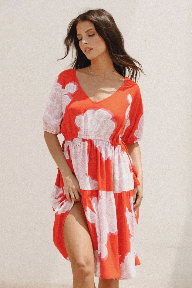 Dresses petalandpup Women Syville Short Sleeve Mini Dress 8211 Red Pink Floral Red Pink Floral