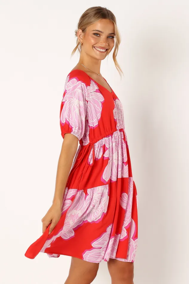 Dresses petalandpup Women Syville Short Sleeve Mini Dress 8211 Red Pink Floral Red Pink Floral