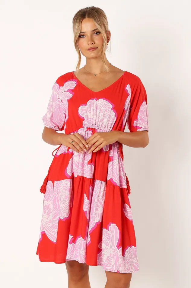 Dresses petalandpup Women Syville Short Sleeve Mini Dress 8211 Red Pink Floral Red Pink Floral