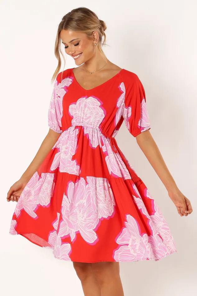 Dresses petalandpup Women Syville Short Sleeve Mini Dress 8211 Red Pink Floral Red Pink Floral