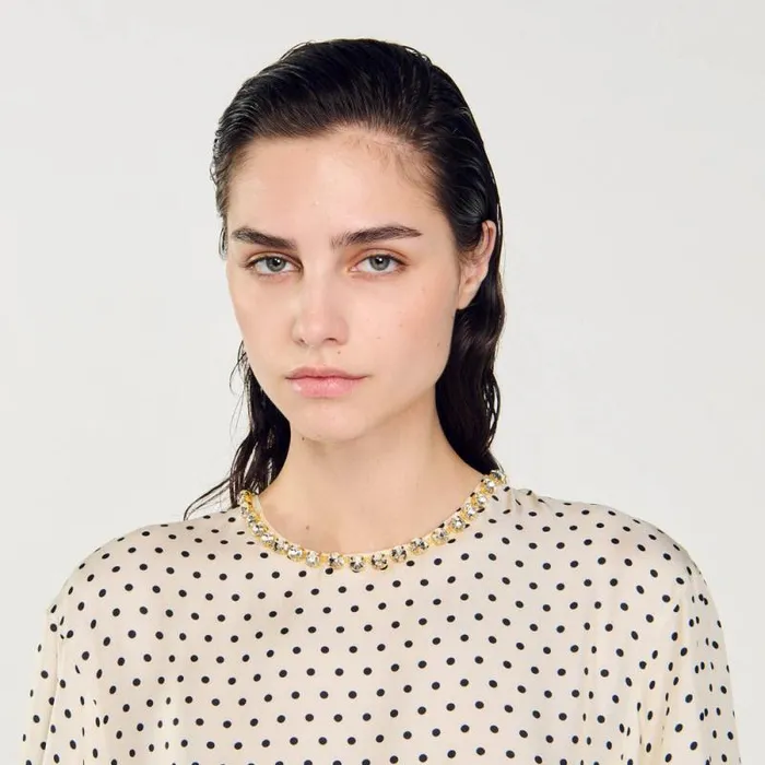 Dresses Women SANDRO Polka Dot Dress With Jeweled Collar Ecru Black