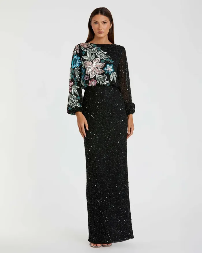 Evening Gowns Black Embellished Floral High Neck Gown Black Multi 8211 Mac Duggal Women