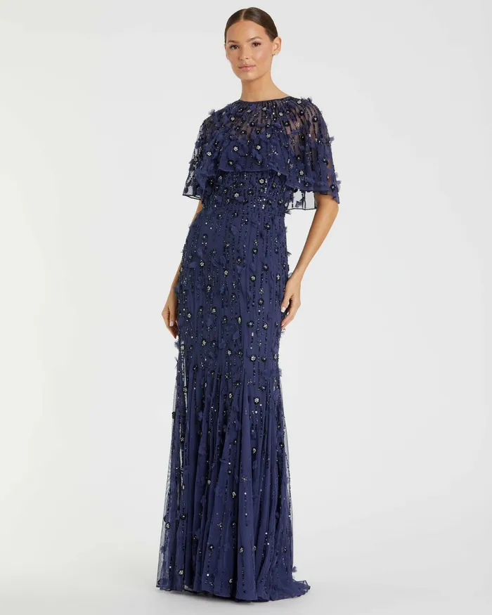 Evening Gowns Mac Duggal Women Embellished Illusion Cape Sleeve Trumpet Gown Midnight