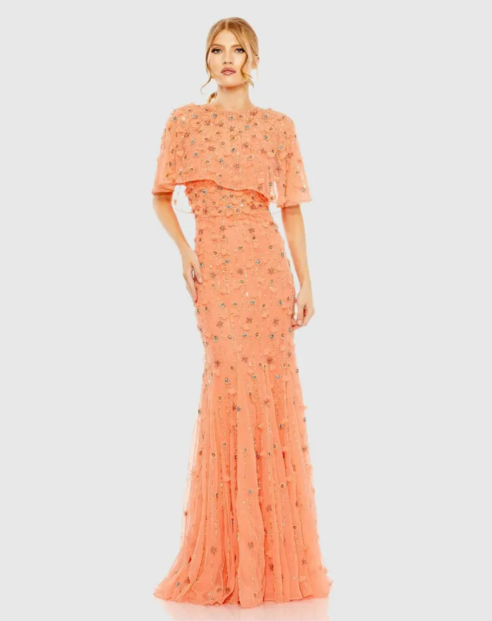 Evening Gowns Mac Duggal Women Embellished Illusion Cape Sleeve Trumpet Gown Midnight