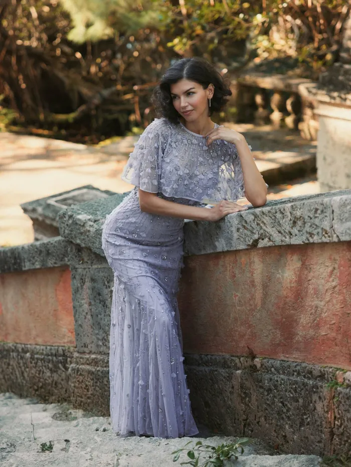 Evening Gowns Mac Duggal Women Embellished Illusion Cape Sleeve Trumpet Gown Midnight