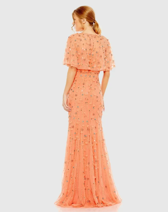 Evening Gowns Mac Duggal Women Embellished Illusion Cape Sleeve Trumpet Gown Midnight