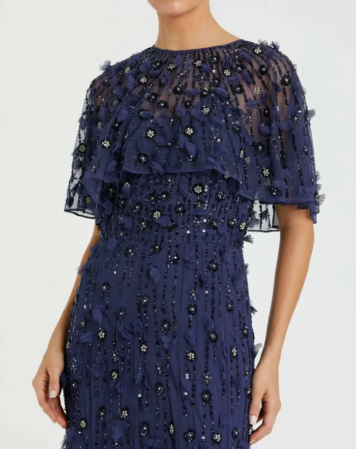 Evening Gowns Mac Duggal Women Embellished Illusion Cape Sleeve Trumpet Gown Midnight