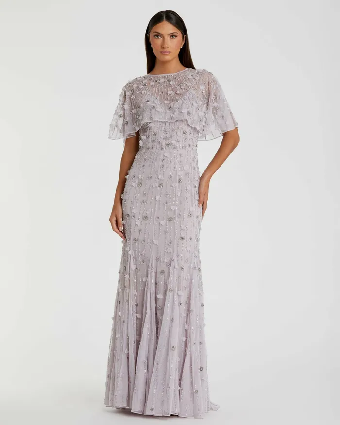 Evening Gowns Mac Duggal Women Embellished Illusion Cape Sleeve Trumpet Gown Midnight