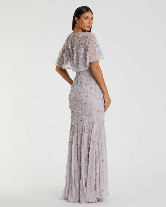 Evening Gowns Mac Duggal Women Embellished Illusion Cape Sleeve Trumpet Gown Midnight