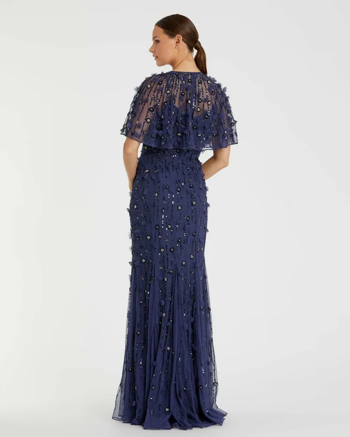 Evening Gowns Mac Duggal Women Embellished Illusion Cape Sleeve Trumpet Gown Midnight