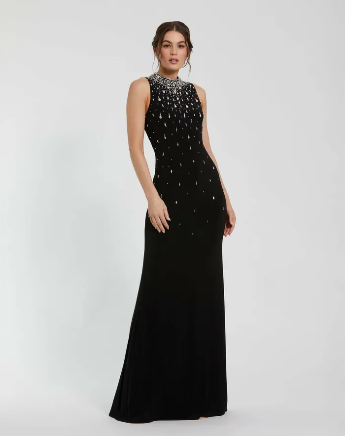 Evening Gowns Mac Duggal Women High Neck Sleeveless Beaded Jersey Fitted Gown Black