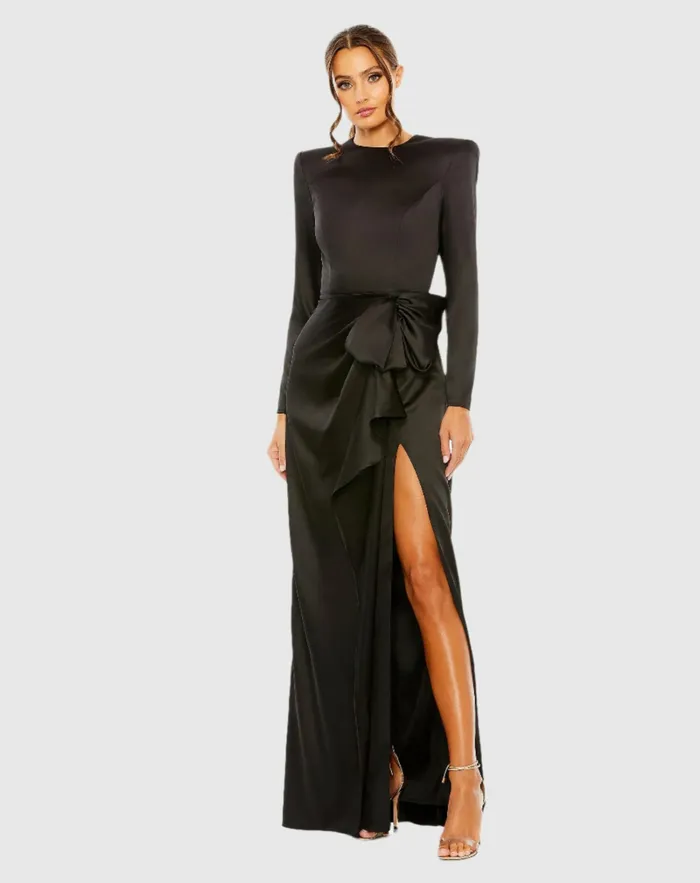 Evening Gowns Women Black Long Sleeve Structured Bow Draped Gown Black Mac Duggal