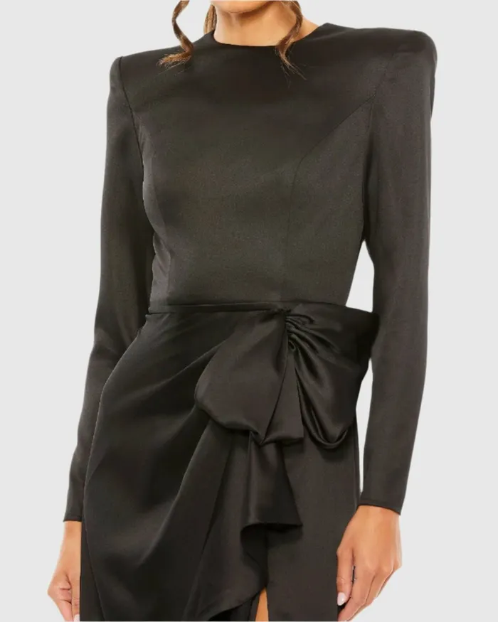 Evening Gowns Women Black Long Sleeve Structured Bow Draped Gown Black Mac Duggal