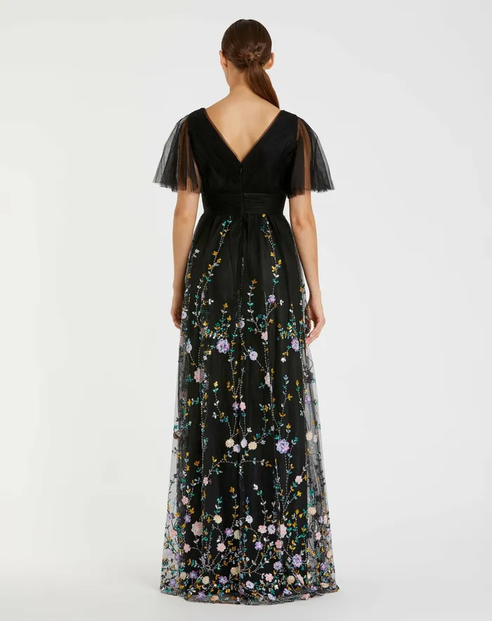 Evening Gowns Women Embroidered Illusion Butterfly Sleeve V Neck Gown Black Multi Mac Duggal