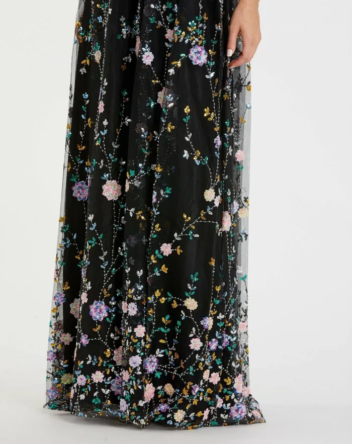 Evening Gowns Women Embroidered Illusion Butterfly Sleeve V Neck Gown Black Multi Mac Duggal