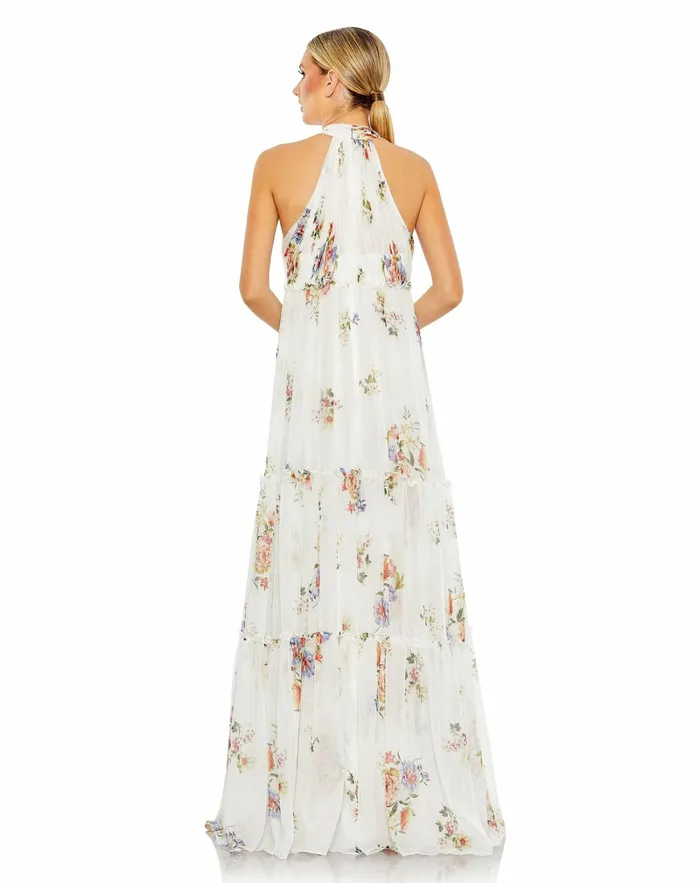 Evening Gowns Women Mac Duggal Floral Print Ruched Tiered High Neck Bow Gown White Multi