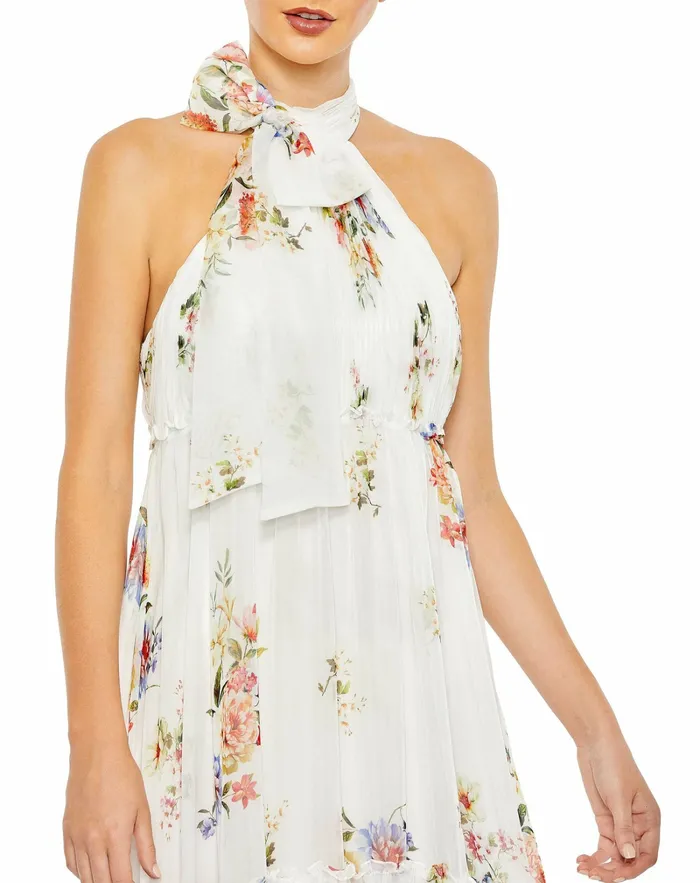 Evening Gowns Women Mac Duggal Floral Print Ruched Tiered High Neck Bow Gown White Multi