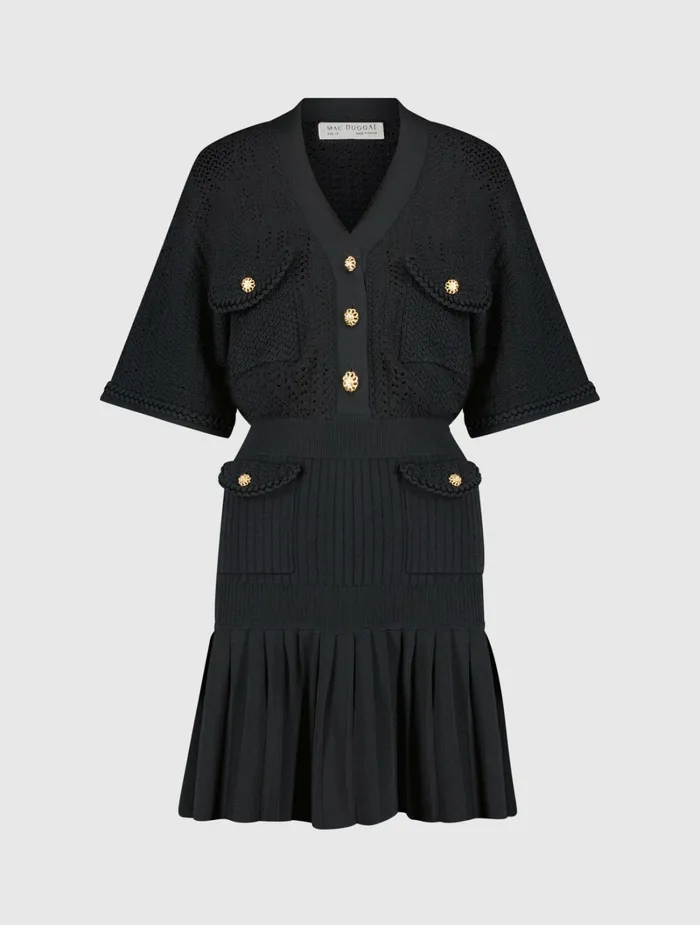 Every Day Dresses Short Sleeve Gold Button Front Crochet Knit Dress with Pleated Hem 8211 F Black 8211 Mac Duggal Women