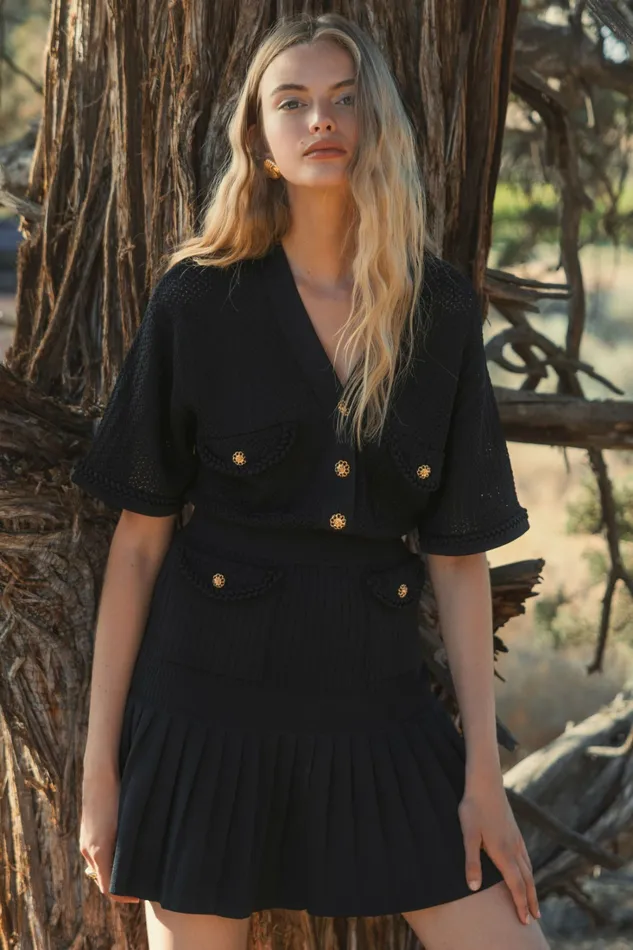 Every Day Dresses Short Sleeve Gold Button Front Crochet Knit Dress with Pleated Hem 8211 F Black 8211 Mac Duggal Women