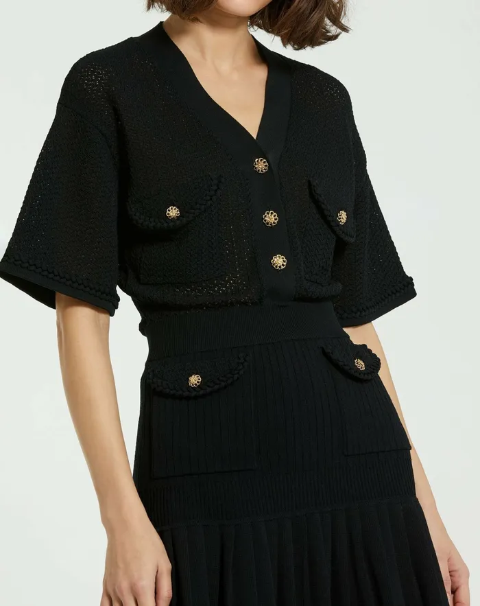 Every Day Dresses Short Sleeve Gold Button Front Crochet Knit Dress with Pleated Hem 8211 F Black 8211 Mac Duggal Women