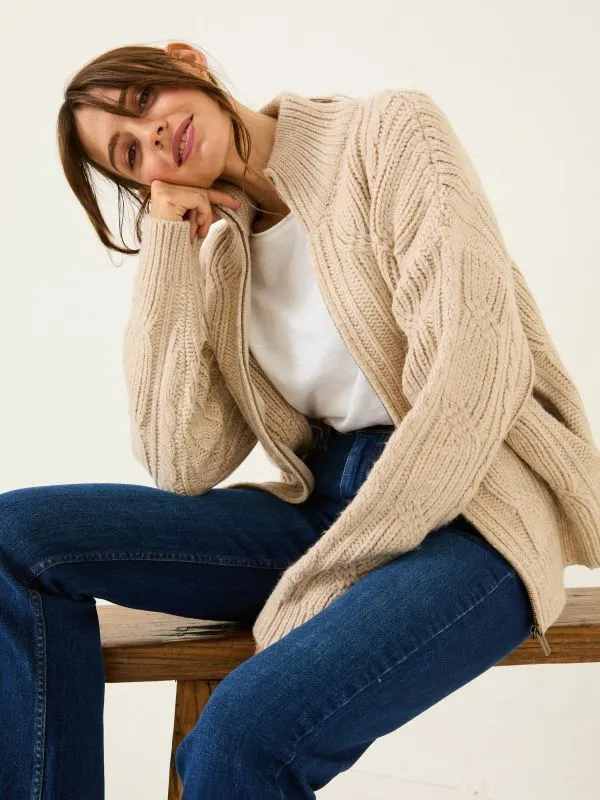 Fat Face Knitwear Women Natural Erin Cable Knitted Zip Through Cardigan