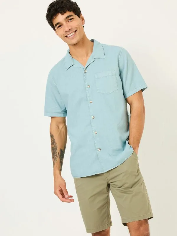 Fat Face Shirts Men Light Blue Short Sleeve Bugle Linen Cotton Shirt