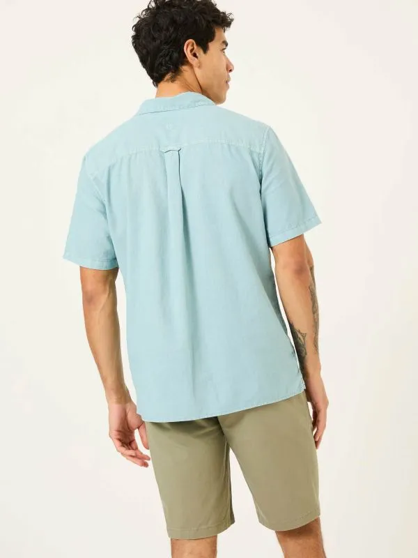 Fat Face Shirts Men Light Blue Short Sleeve Bugle Linen Cotton Shirt