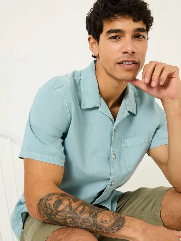 Fat Face Shirts Men Light Blue Short Sleeve Bugle Linen Cotton Shirt