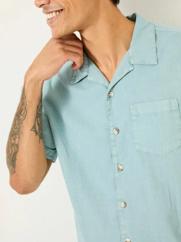 Fat Face Shirts Men Light Blue Short Sleeve Bugle Linen Cotton Shirt