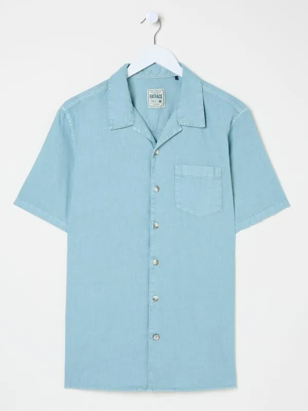 Fat Face Shirts Men Light Blue Short Sleeve Bugle Linen Cotton Shirt