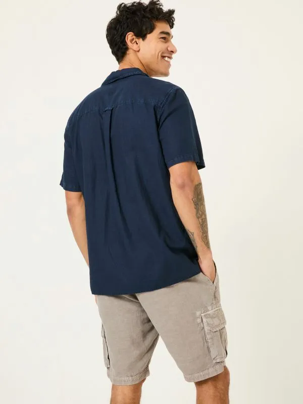 Fat Face Shirts Men Navy Short Sleeve Bugle Linen Cotton Shirt