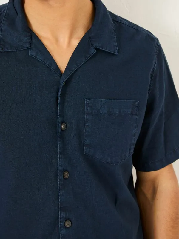 Fat Face Shirts Men Navy Short Sleeve Bugle Linen Cotton Shirt