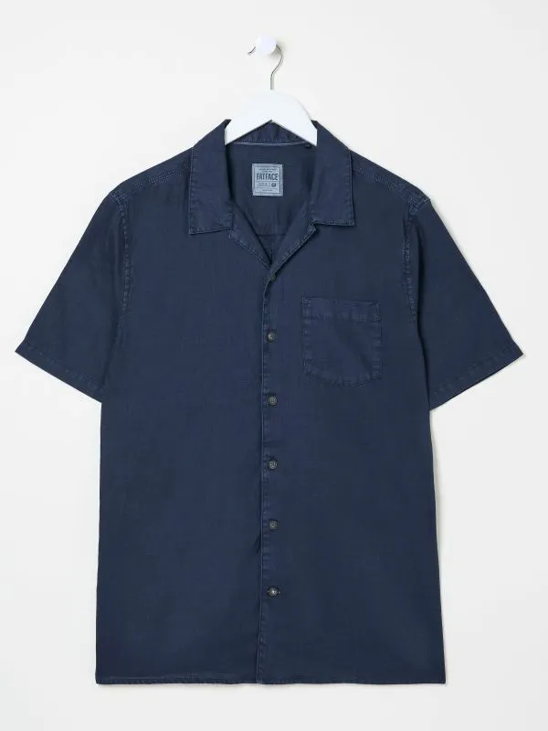 Fat Face Shirts Men Navy Short Sleeve Bugle Linen Cotton Shirt