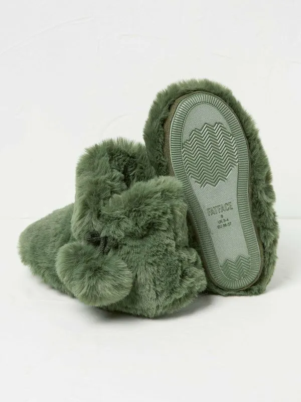 Fat Face Slippers Women Farah Khaki Green Faux Fur Boots