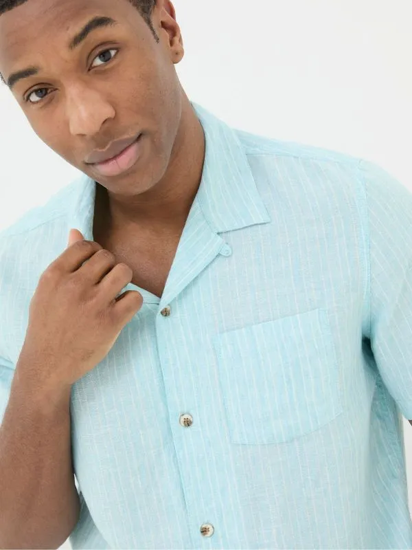 Fat Face Tall Collection Men Blue Short Sleeve Stripe Linen Shirt