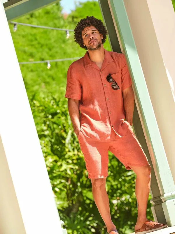 Fat Face Tall Collection Men Orange Short Sleeve Linen Shirt