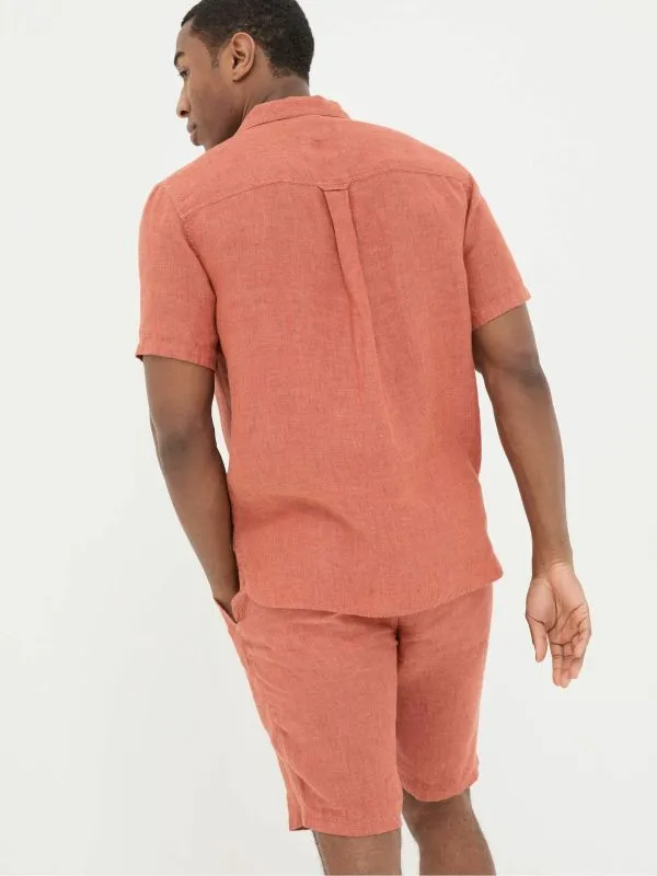 Fat Face Tall Collection Men Orange Short Sleeve Linen Shirt