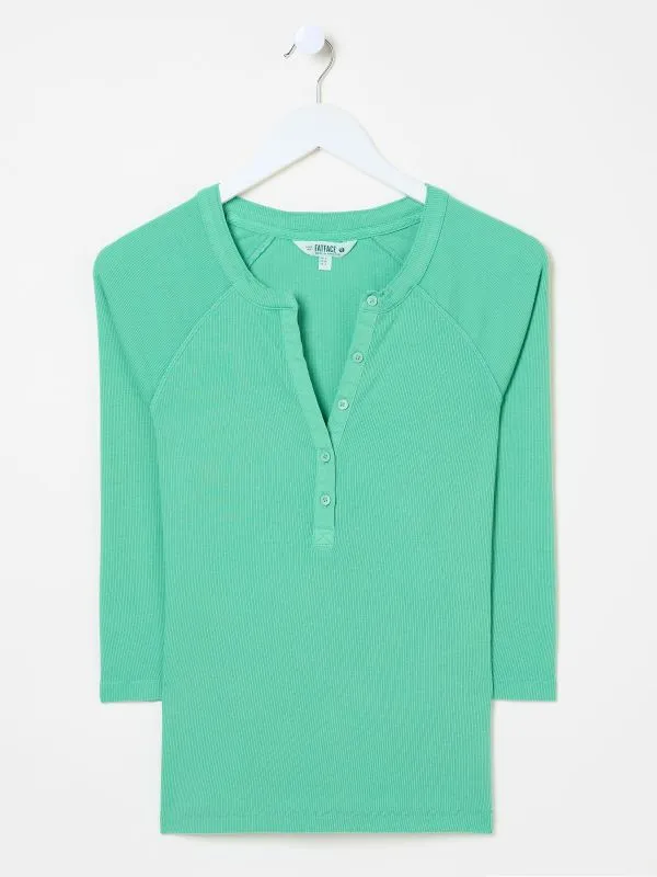 Fat Face Wonderment Collection Women Reese Jade Green Ribbed Henley Top