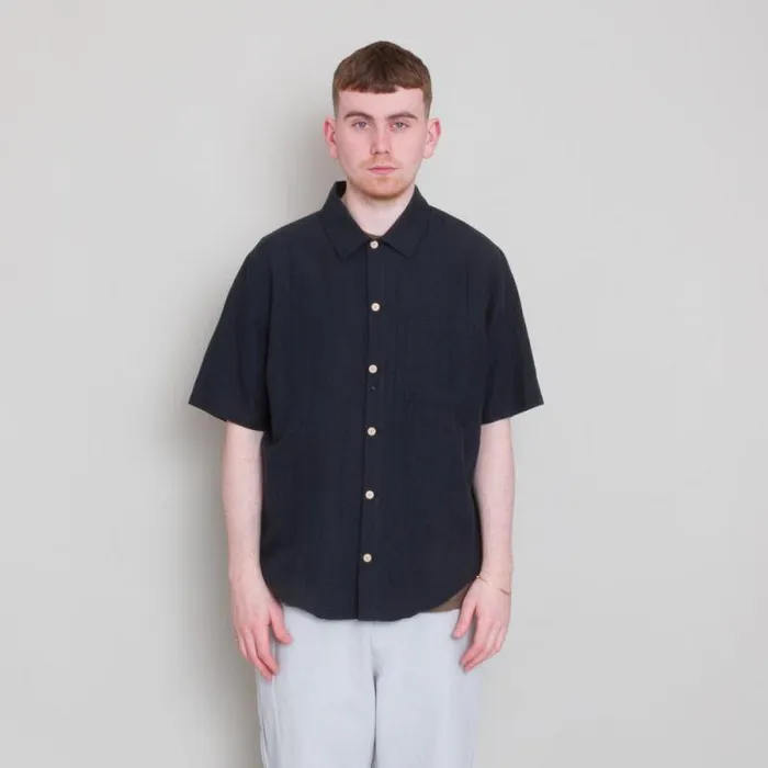 Folk Clothing Shirts Gabe Shirt 8211 Black Linen Grid 8211 Mens