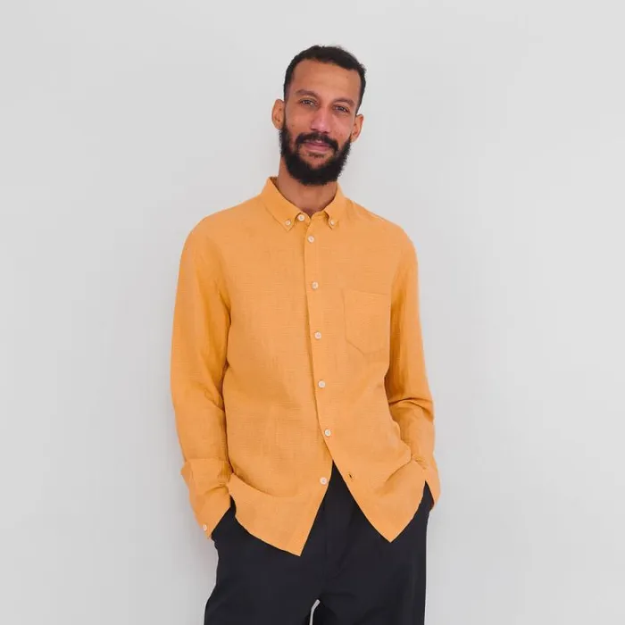 Folk Clothing Shirts Relaxed Fit Shirt 8211 Ochre Linen Grid 8211 Mens