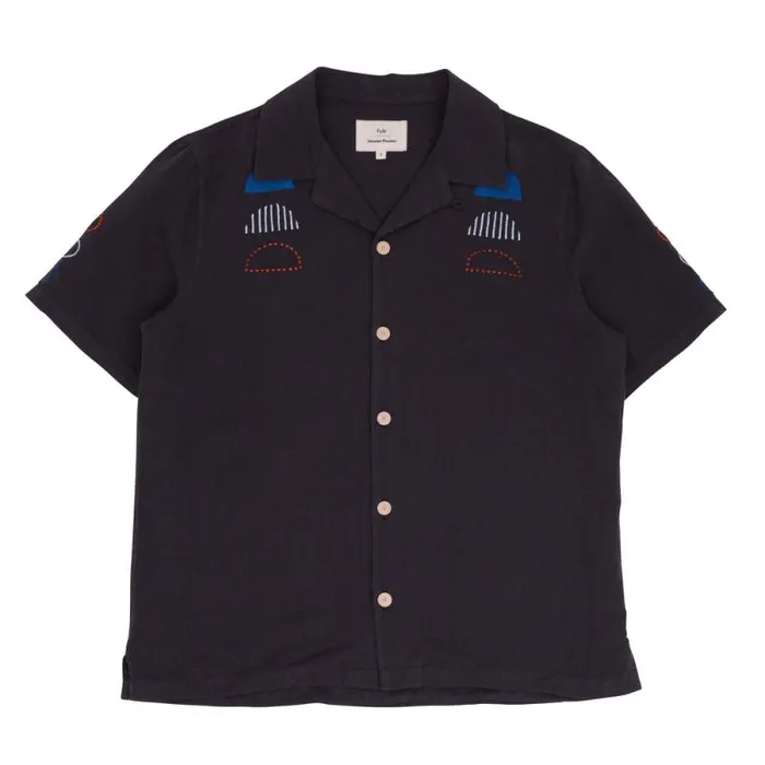 Folk Clothing Shirts SS Soft Collar Shirt 8211 Black Moon Embroidery DP 8211 Mens