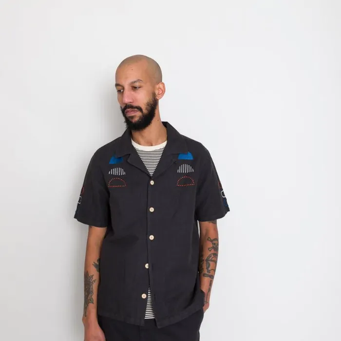 Folk Clothing Shirts SS Soft Collar Shirt 8211 Black Moon Embroidery DP 8211 Mens