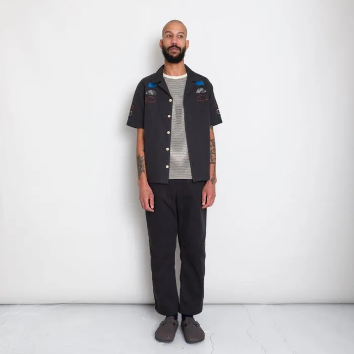 Folk Clothing Shirts SS Soft Collar Shirt 8211 Black Moon Embroidery DP 8211 Mens
