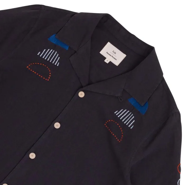 Folk Clothing Shirts SS Soft Collar Shirt 8211 Black Moon Embroidery DP 8211 Mens