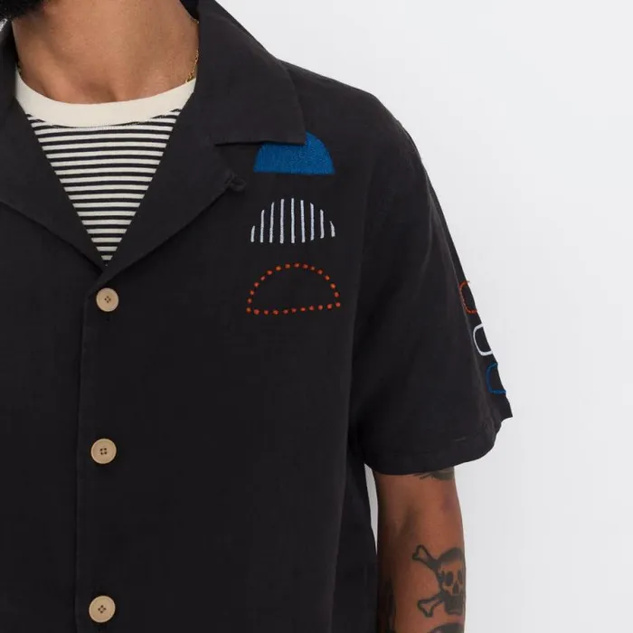 Folk Clothing Shirts SS Soft Collar Shirt 8211 Black Moon Embroidery DP 8211 Mens