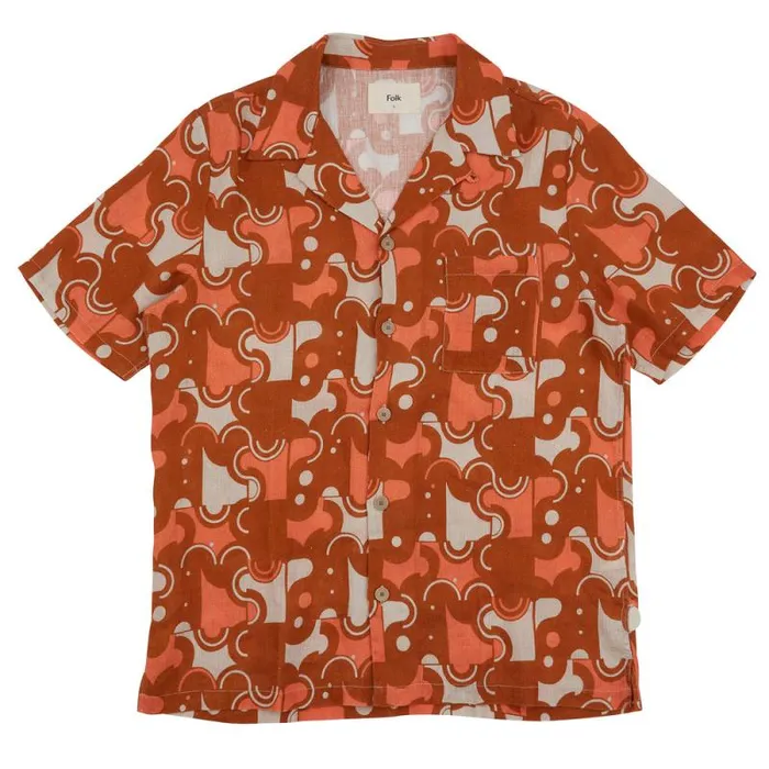 Folk Clothing Shirts SS Soft Collar Shirt 8211 Coil Print Ochre 8211 Mens