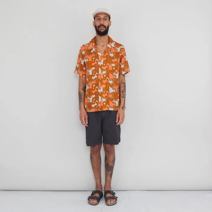 Folk Clothing Shirts SS Soft Collar Shirt 8211 Coil Print Ochre 8211 Mens