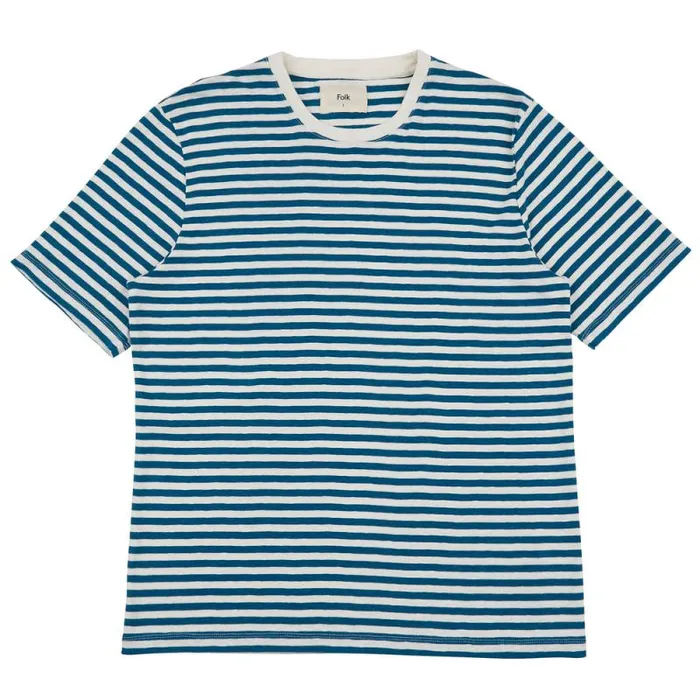 Folk Clothing TShirts Classic Stripe Tee 8211 Ocean Blue Ecru 8211 Mens